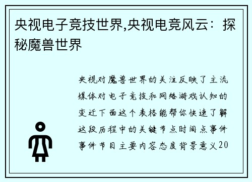 央视电子竞技世界,央视电竞风云：探秘魔兽世界